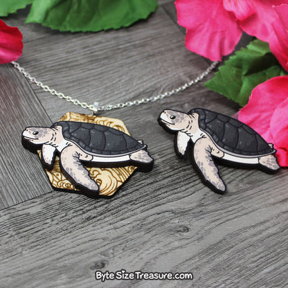 Flatback Sea Turtle \\ Wooden Pin, Magnet, or Necklace