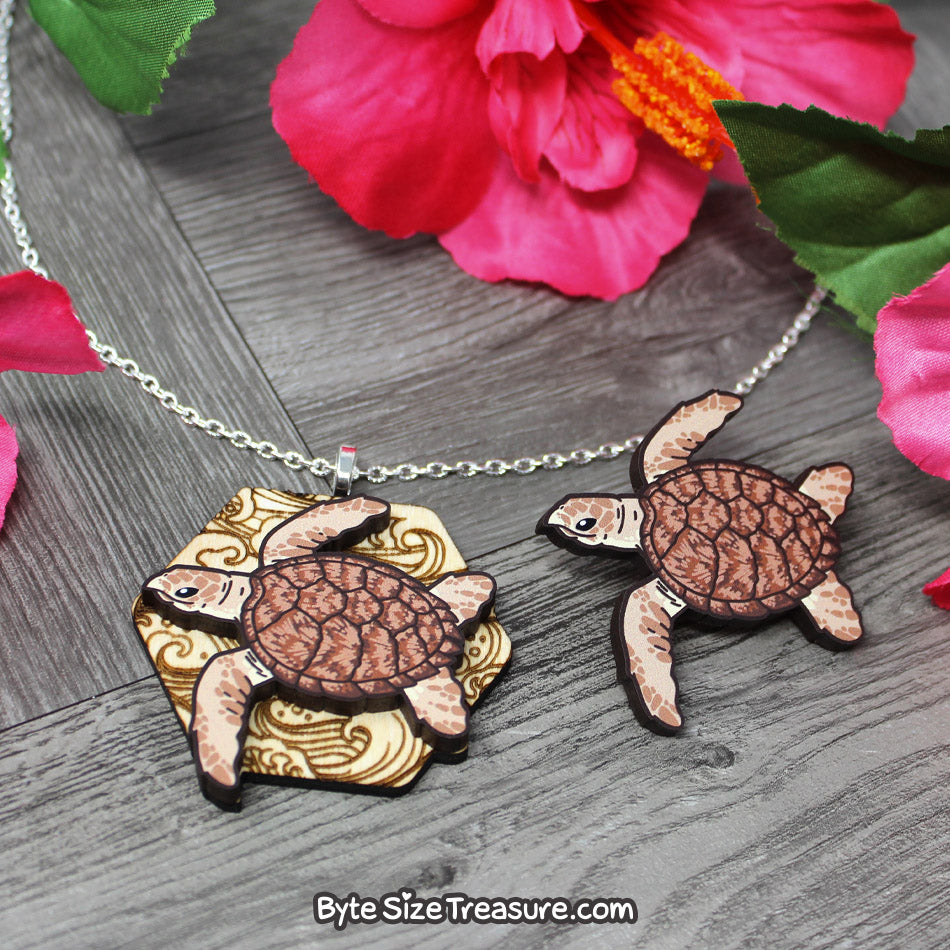 Hawksbill Sea Turtle \\ Wooden Pin, Magnet, or Necklace