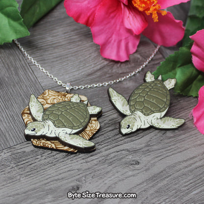 Olive Ridley Sea Turtle \\ Wooden Pin, Magnet, or Necklace