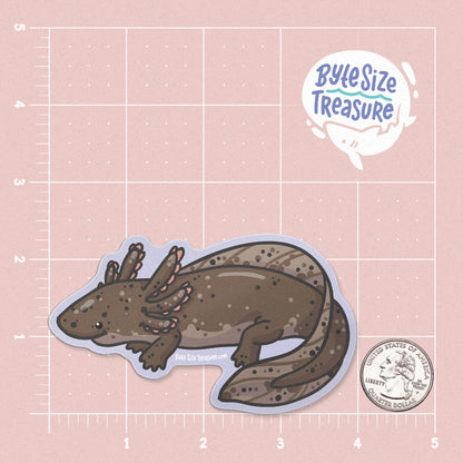 A wildtype brown axolotl sticker - shown on a pink measuring grid background with a quarter for scale. Art by Byte Size Treasure