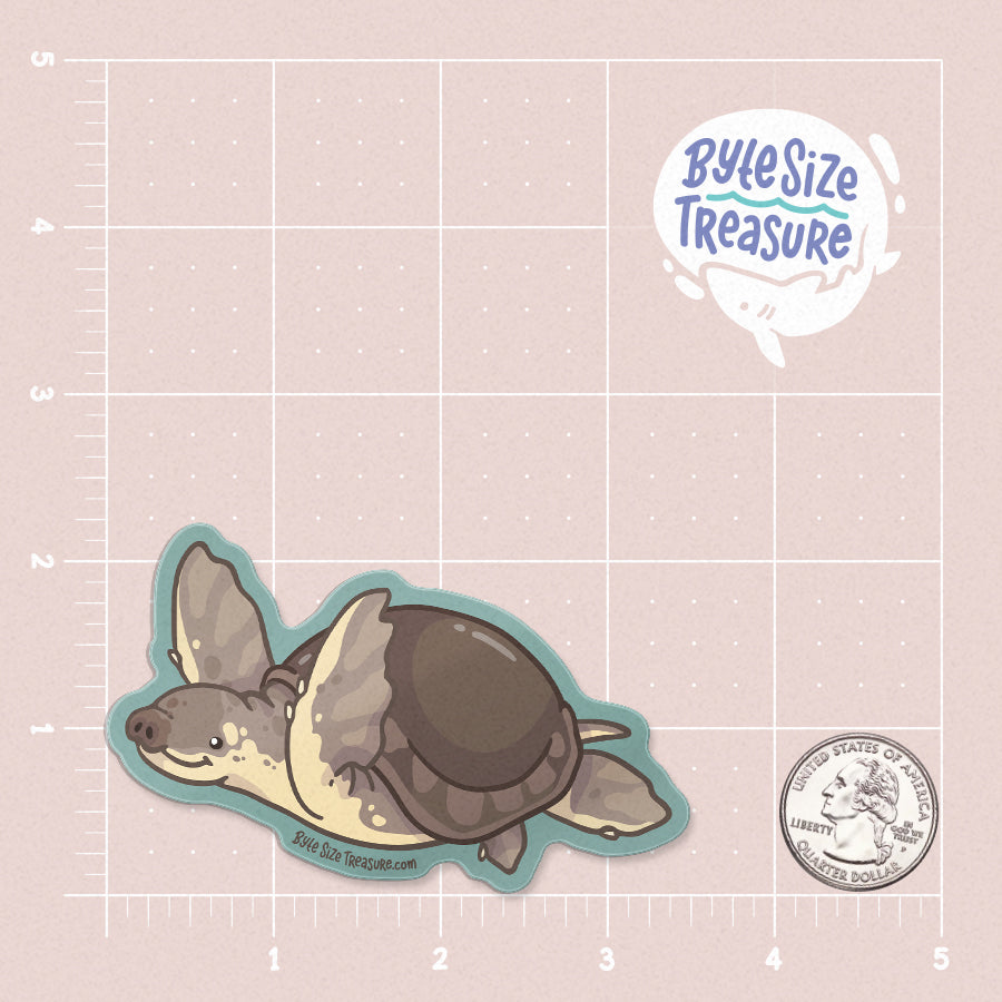 A sticker of a pig-nosed turtle - shown on a pink measuring grid background with a quarter for scale. Art by Byte Size Treasure