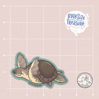 A sticker of a pig-nosed turtle - shown on a pink measuring grid background with a quarter for scale. Art by Byte Size Treasure