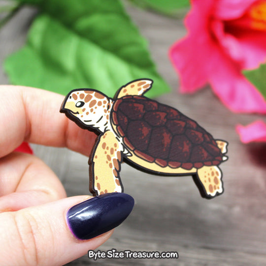 Loggerhead Sea Turtle \\ Wooden Pin, Magnet, or Necklace